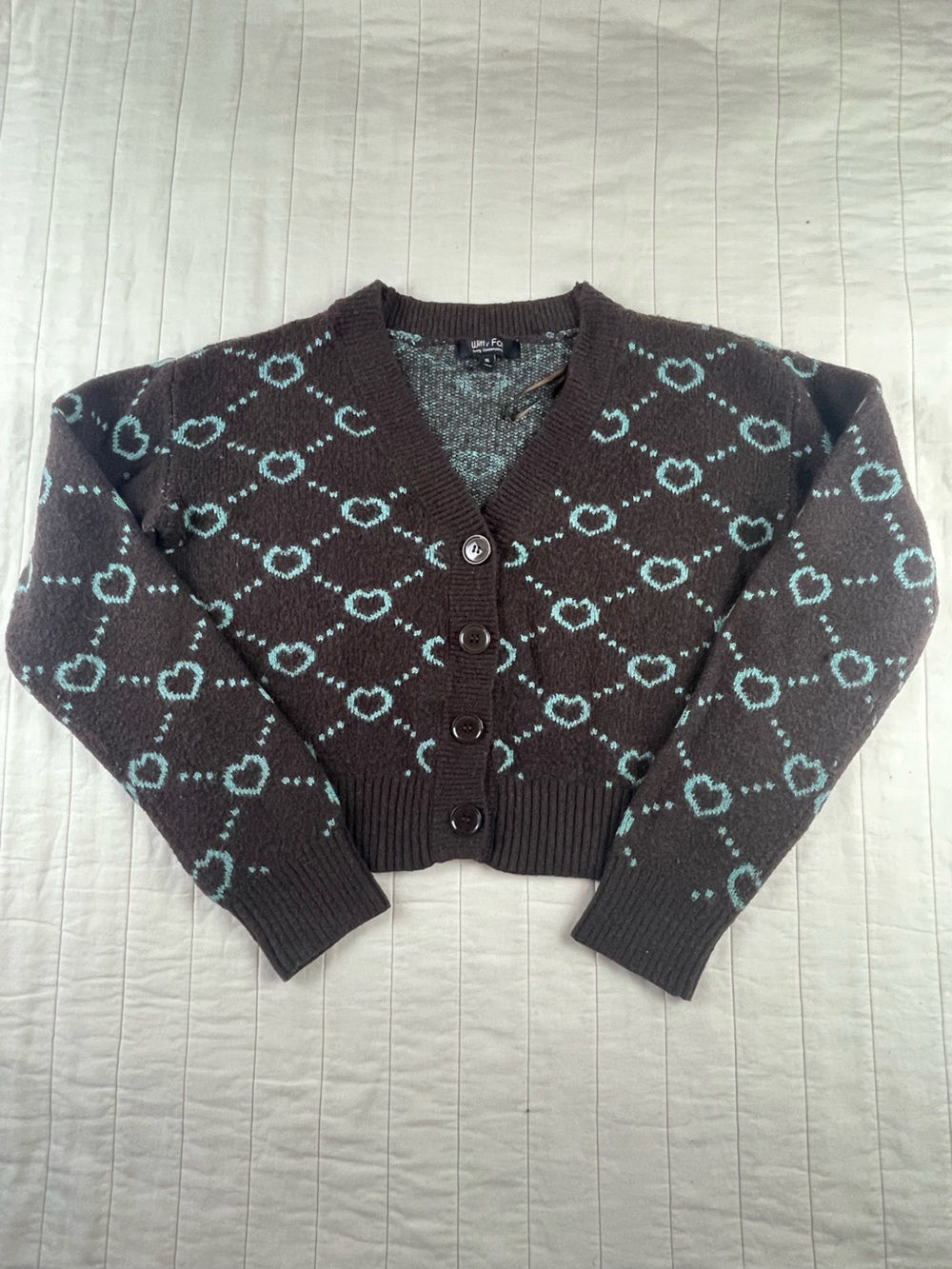 Witty Fox Cropped Cardigan Sweater in Dark Brown with Teal Argyle Pattern XL